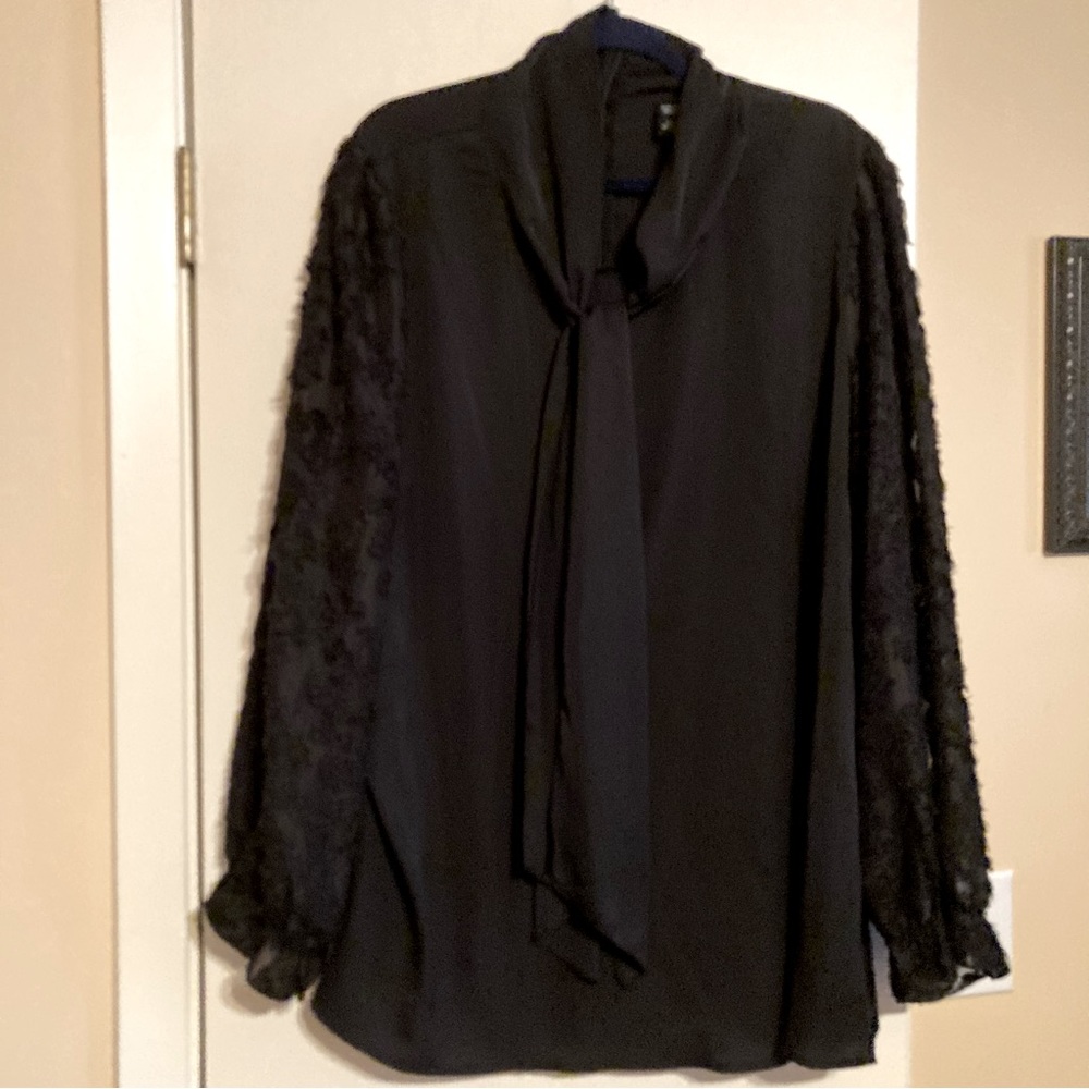 Fuzzy flounce sleeve tie neck blouse